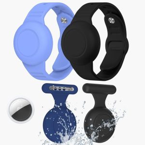 [4 Pack] Waterproof AirTag Holder & Airtag Bracelet for Kids Compatible with Apple Air Tag Tracker with Hidden Pin & Airtag Wristband Kids Accessories Silicone Protective Case (Black + Blue)